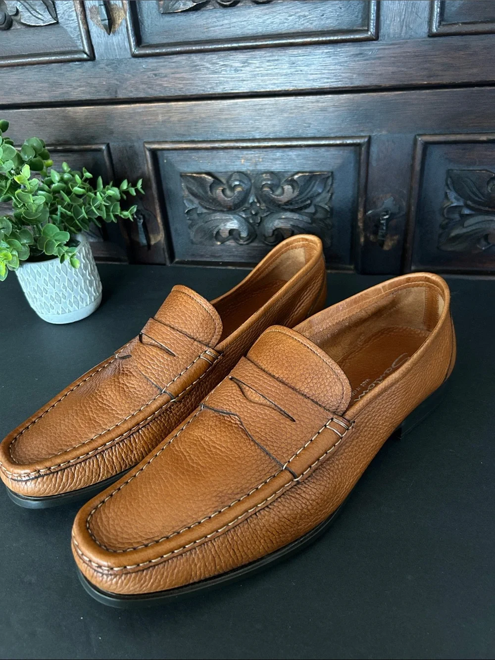 Santoni Men's Cognac Pebbled Leather Penny Loafers